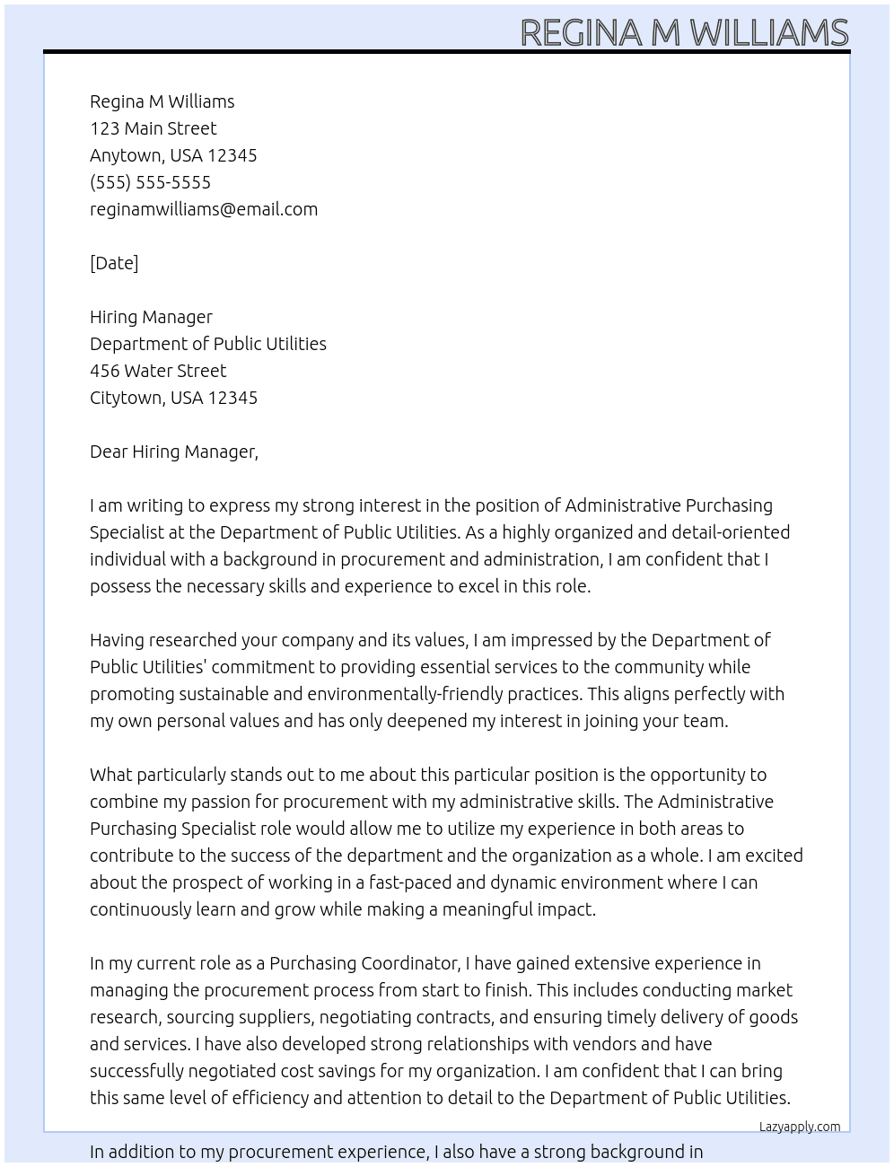 Administrative Purchasing Specialist At Department of Public Utilities Cover Letter