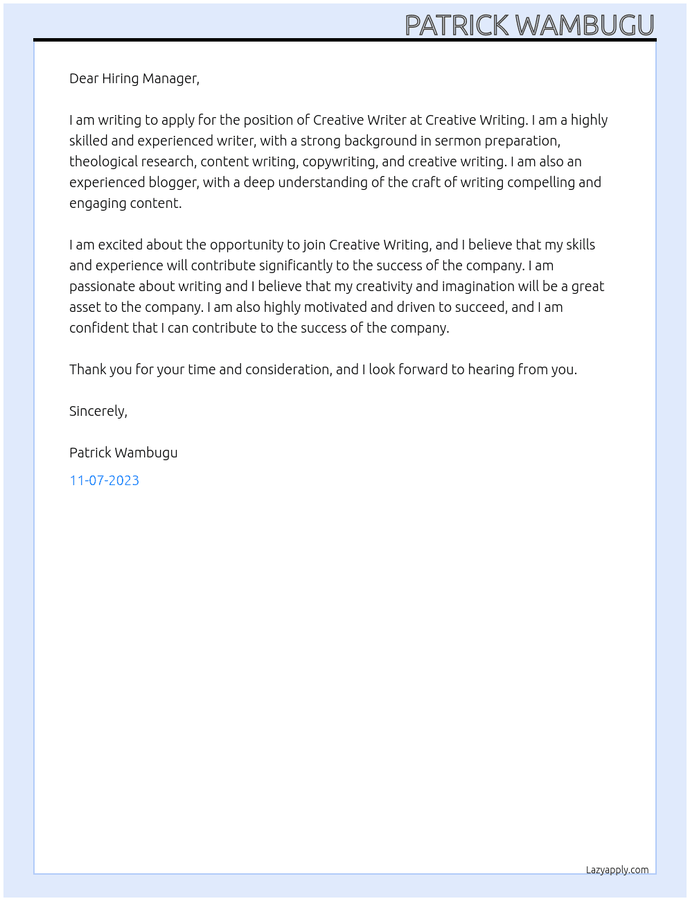 Creative Writer At Creative Writing  Cover Letter