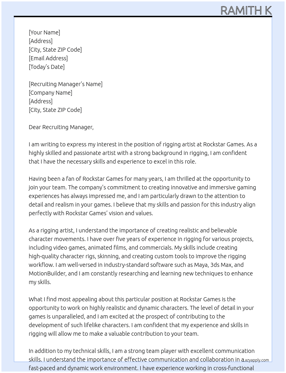 rigging artist  At Rockstar Games Cover Letter
