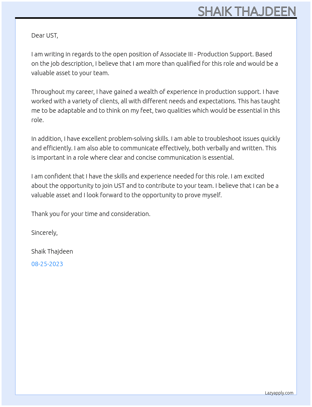 Associate III - Production Support At UST Cover Letter