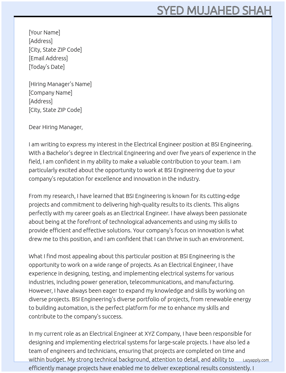 Electrical Engineer At BSI Engineering Cover Letter
