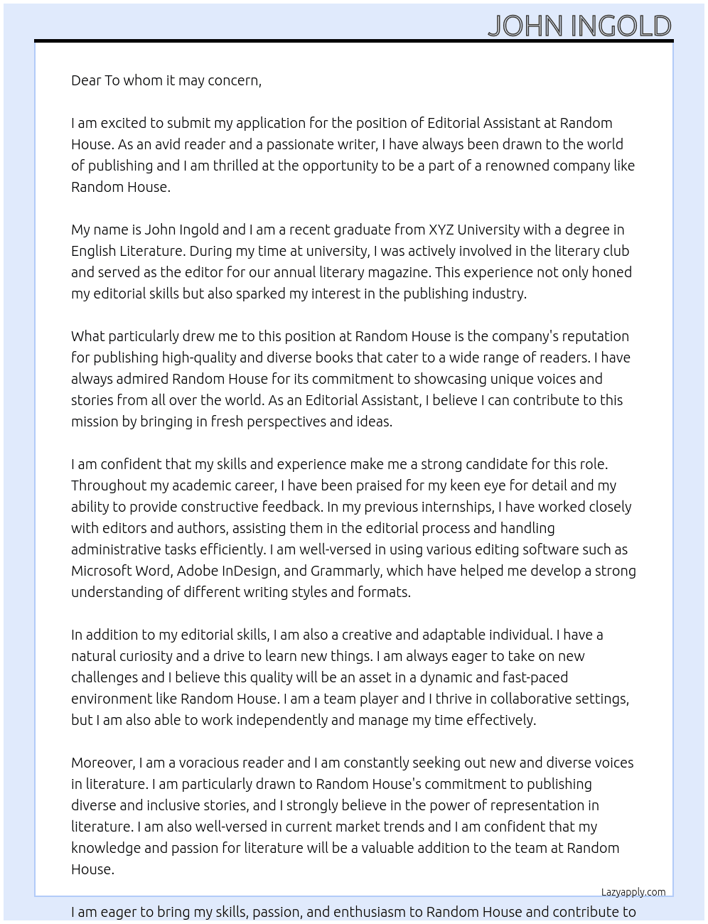 Editorial Assistant At Random House Cover Letter
