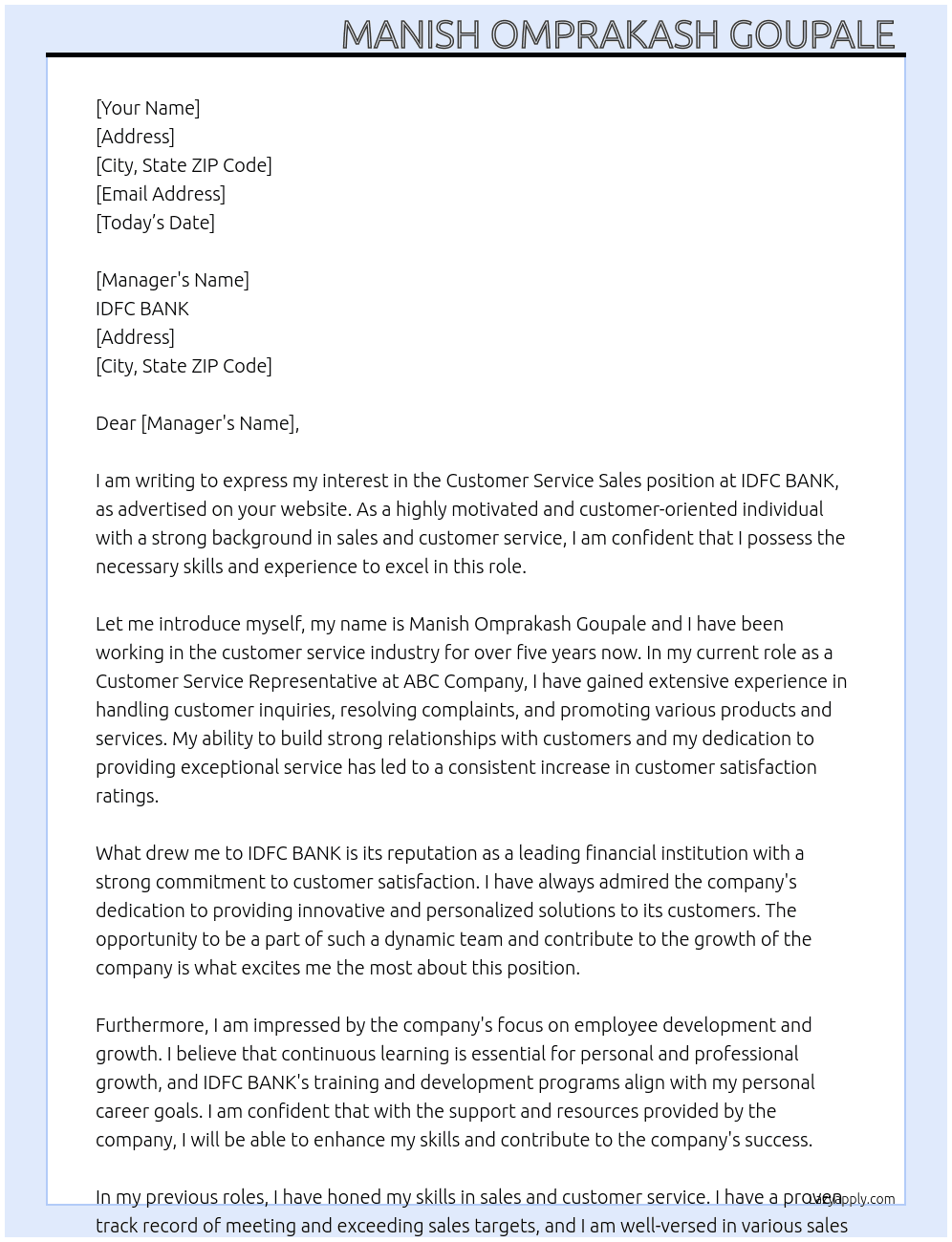 Customer Service Sales  At IDFC BANK  Cover Letter