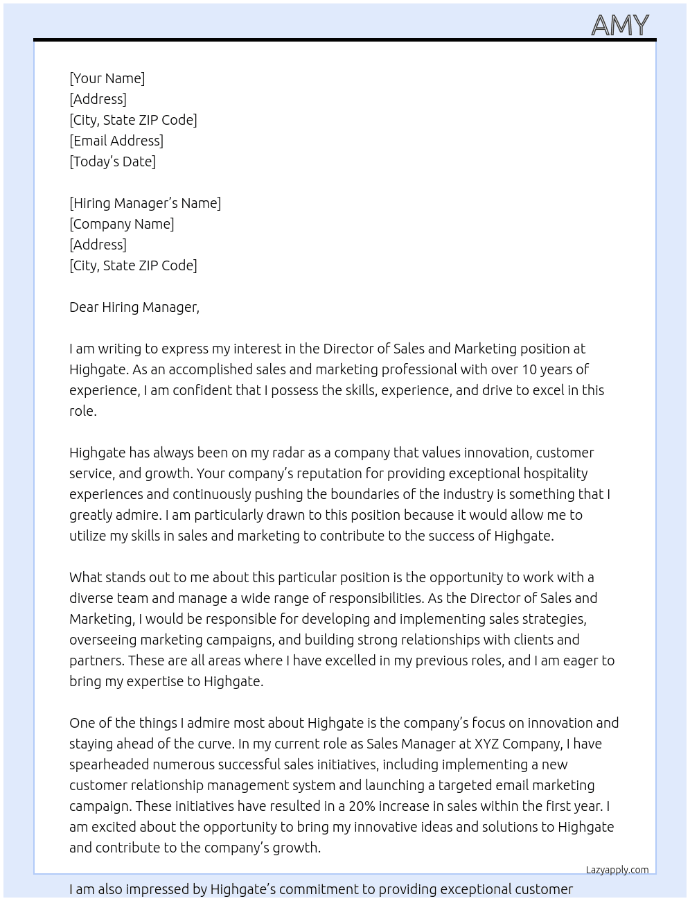 Director of Sales and Marketing At Highgate Cover Letter