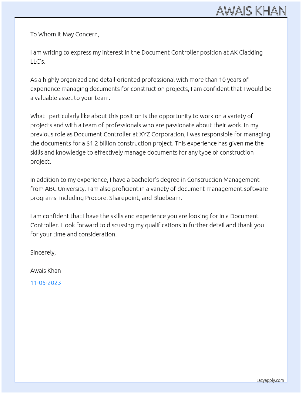 Document controller At AK Cladding LLC's Cover Letter