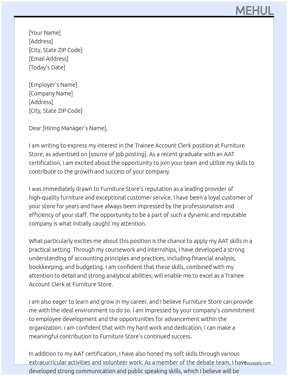 Trainee account clerk  At Furniture store  Cover Letter