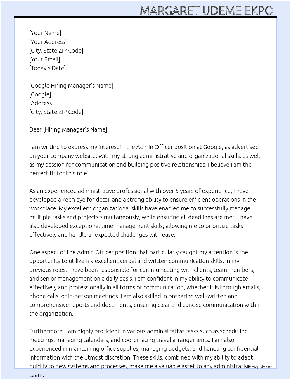 Admin officer  At Google  Cover Letter
