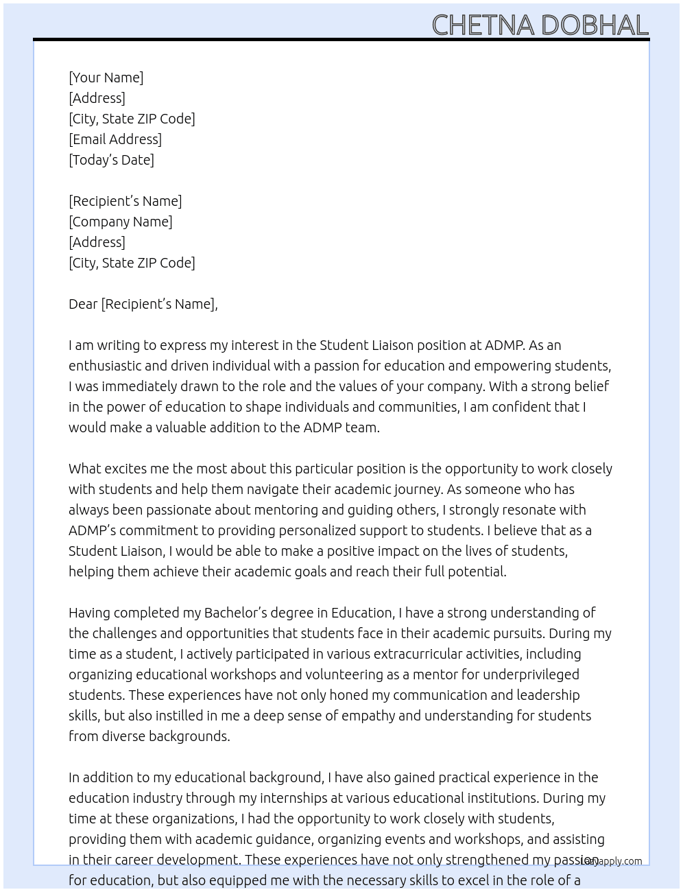 Student Liaison At ADMP Cover Letter