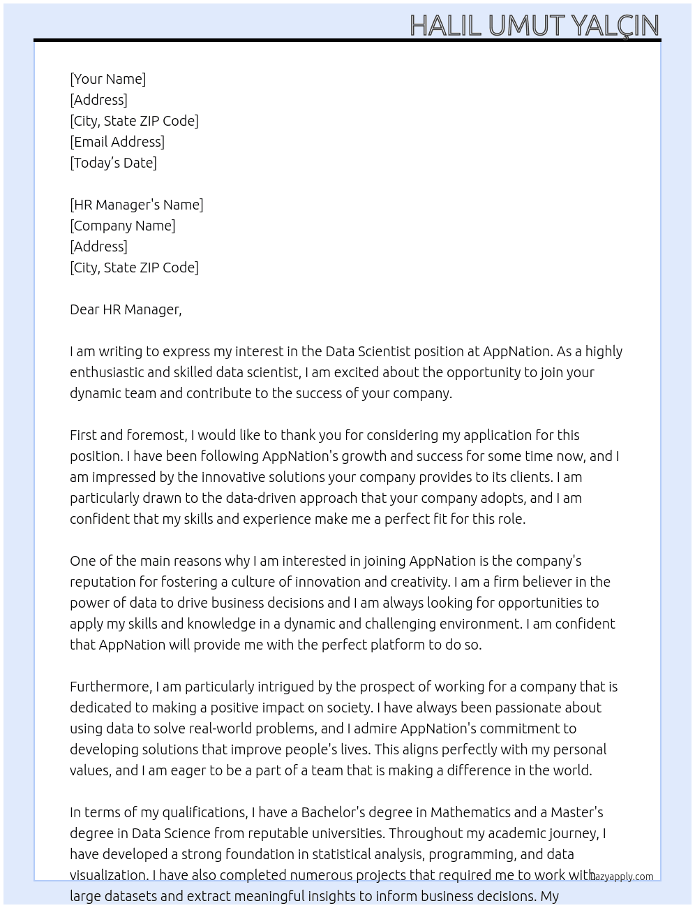 Data Scientist At AppNation Cover Letter