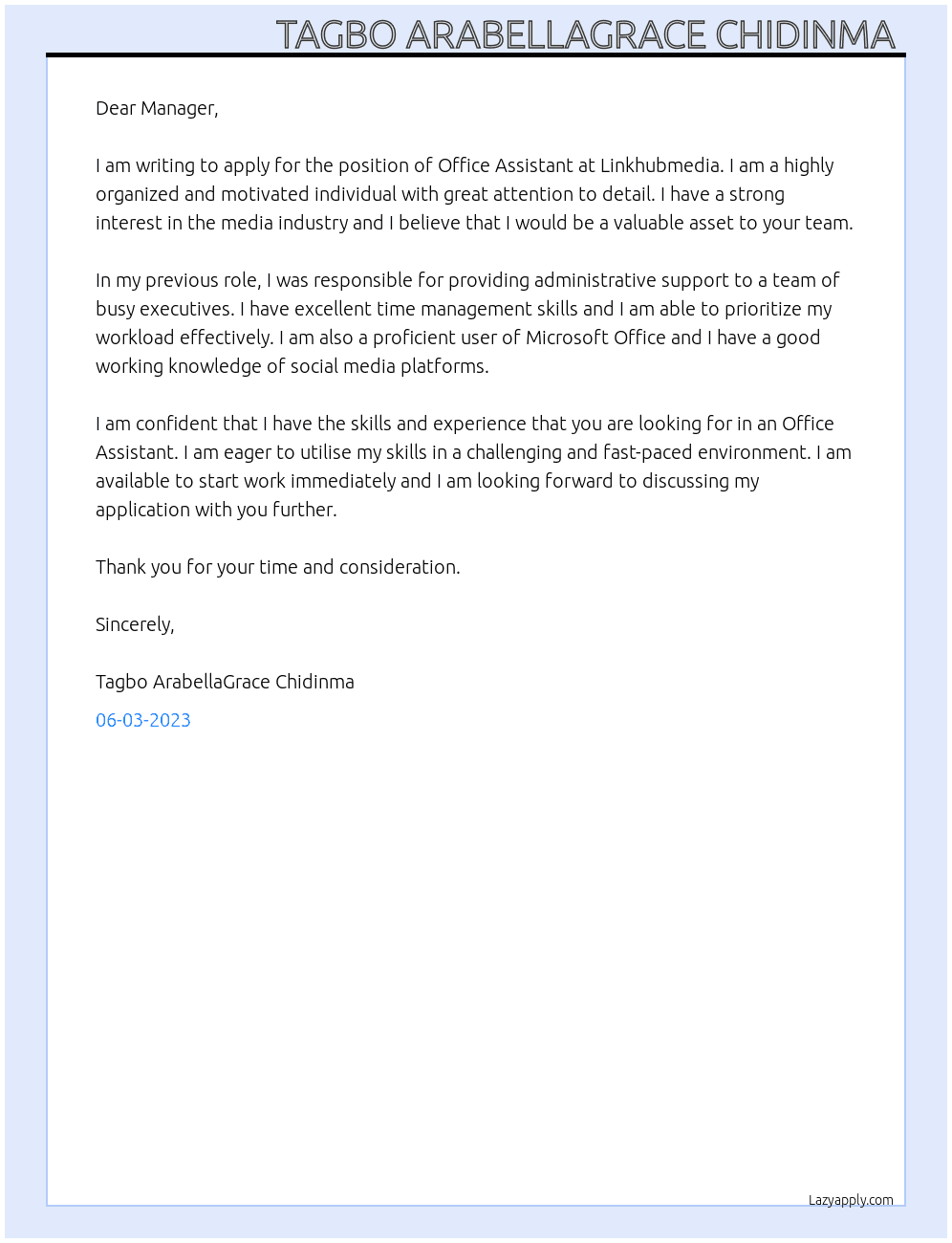 Office Assistant  At Linkhubmedia Cover Letter