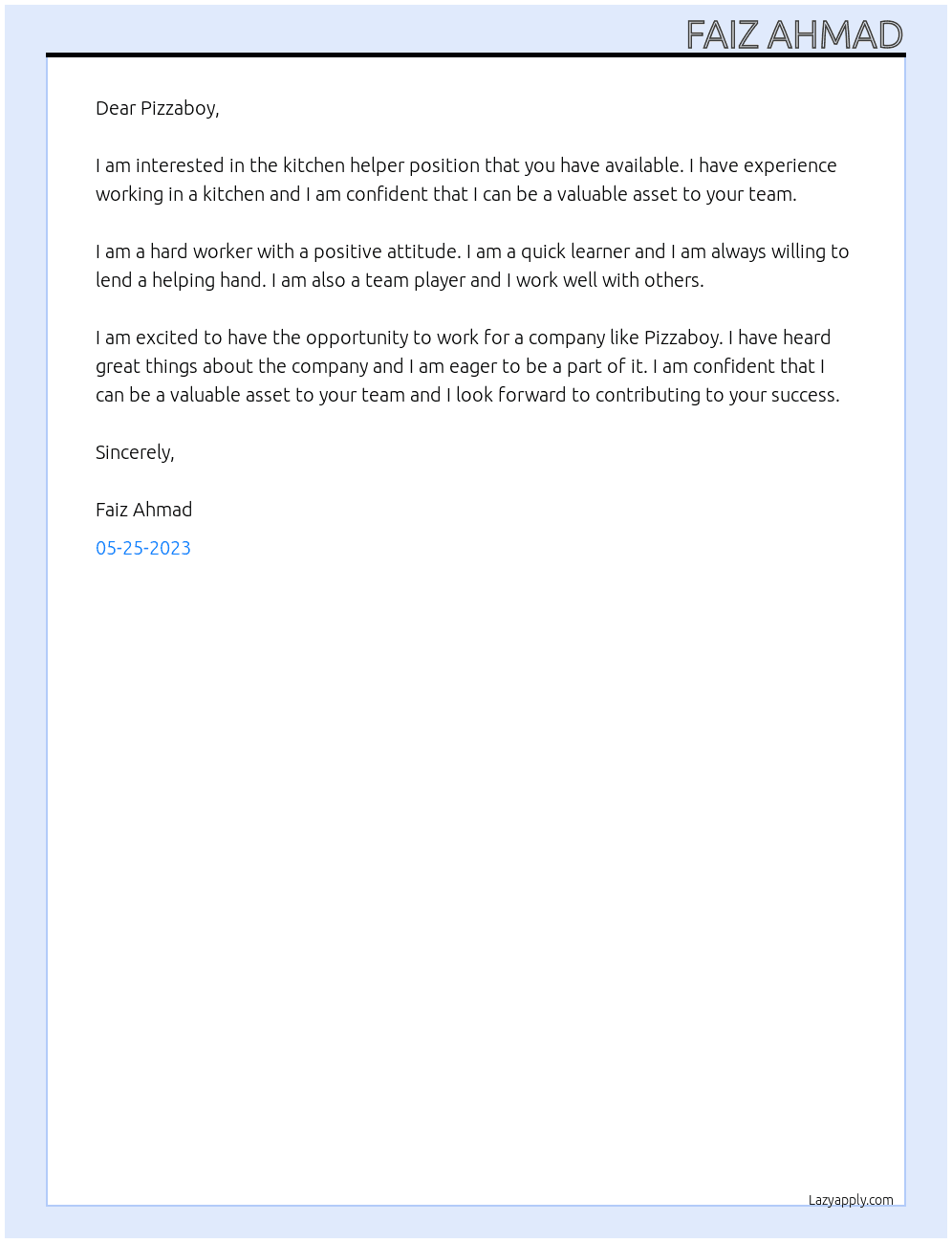 Kitchen helper At Pizzaboy Cover Letter