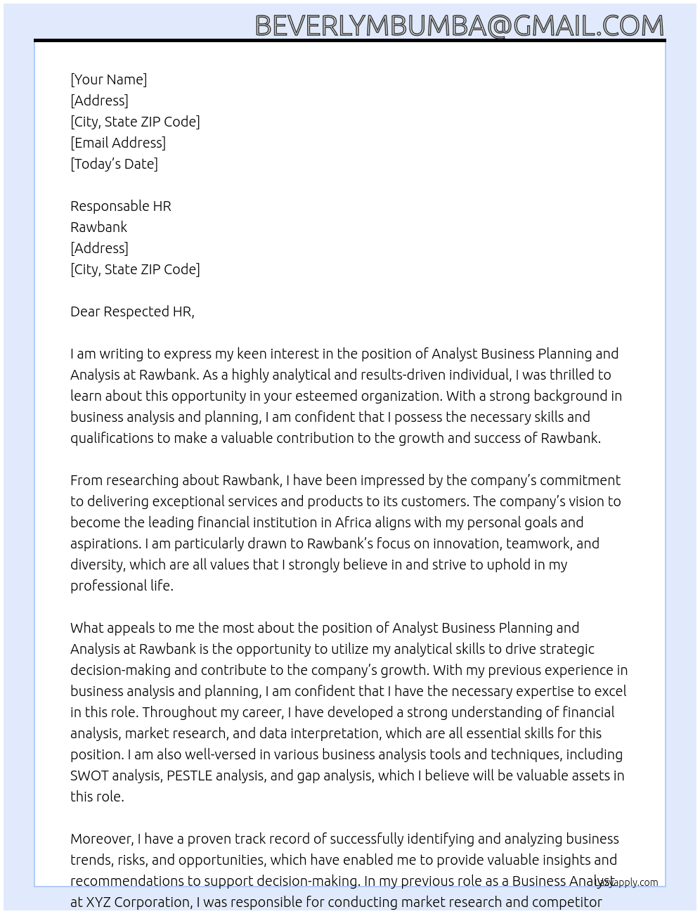 Analyst Business planning and analysis  At Rawbank Cover Letter