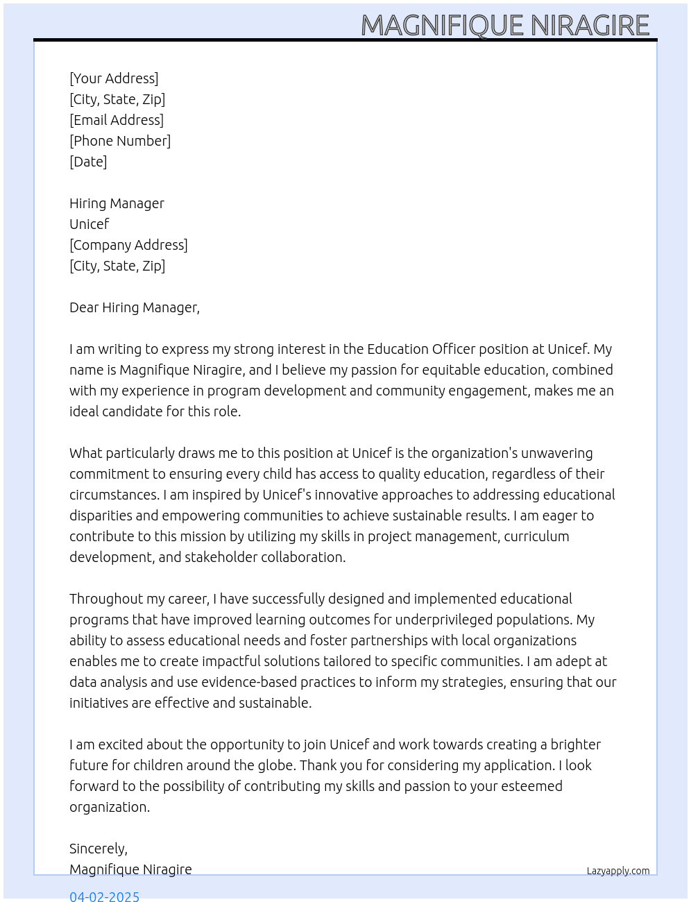 Education officer  At Unicef Cover Letter