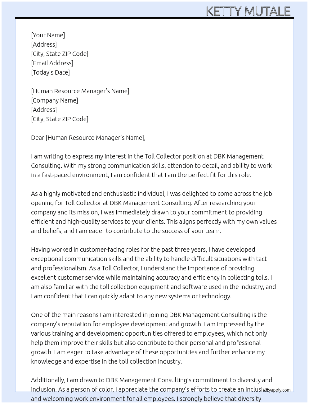 Toll collector At DBK management consulting  Cover Letter