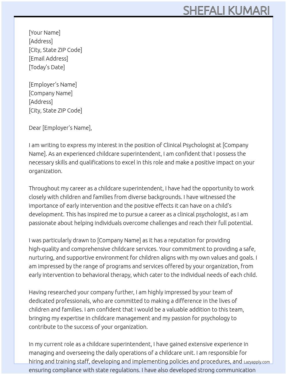 Clinical psycologist  At Childcare unit  Cover Letter
