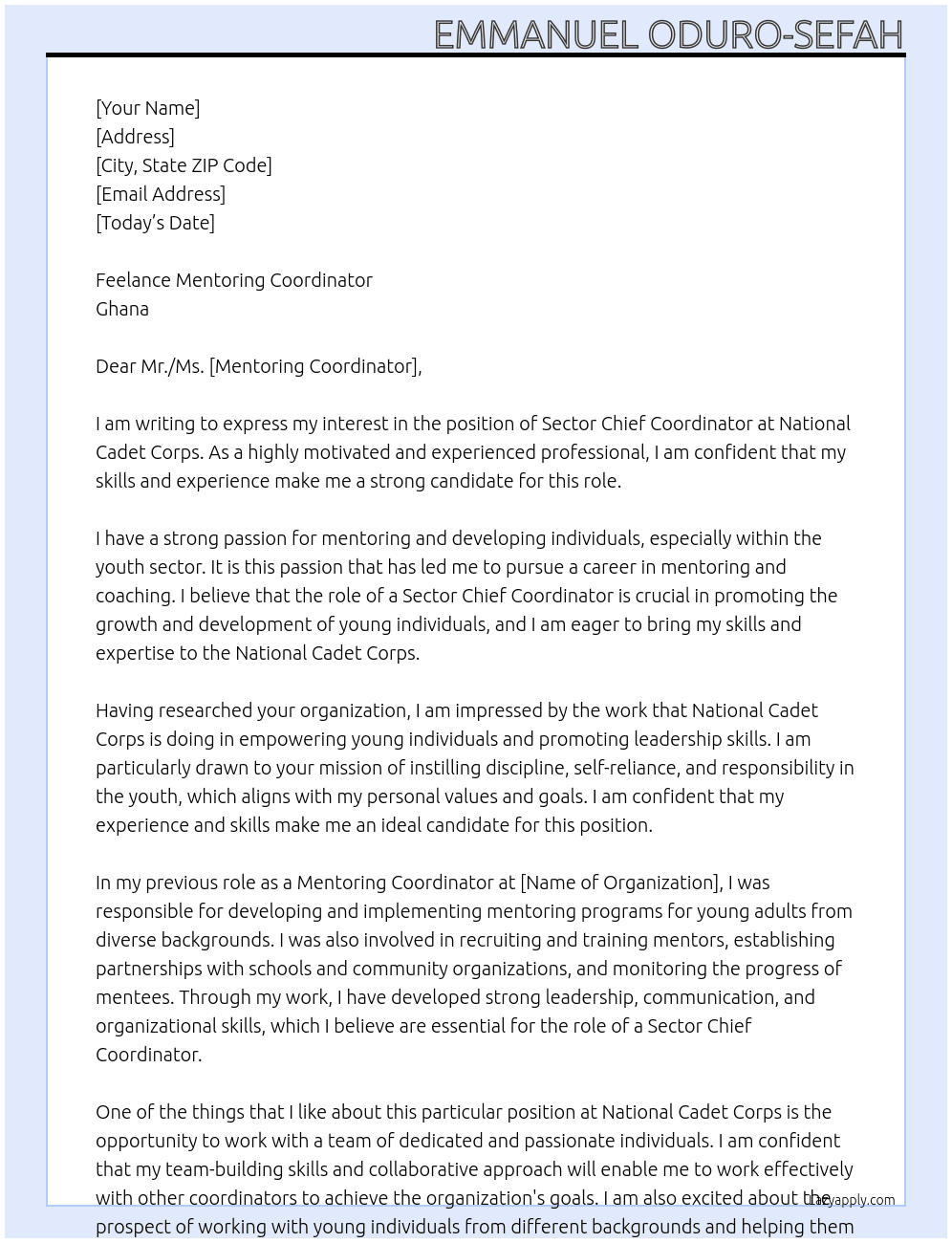 Sector Chief Coordinator At National Cadet Corps Cover Letter