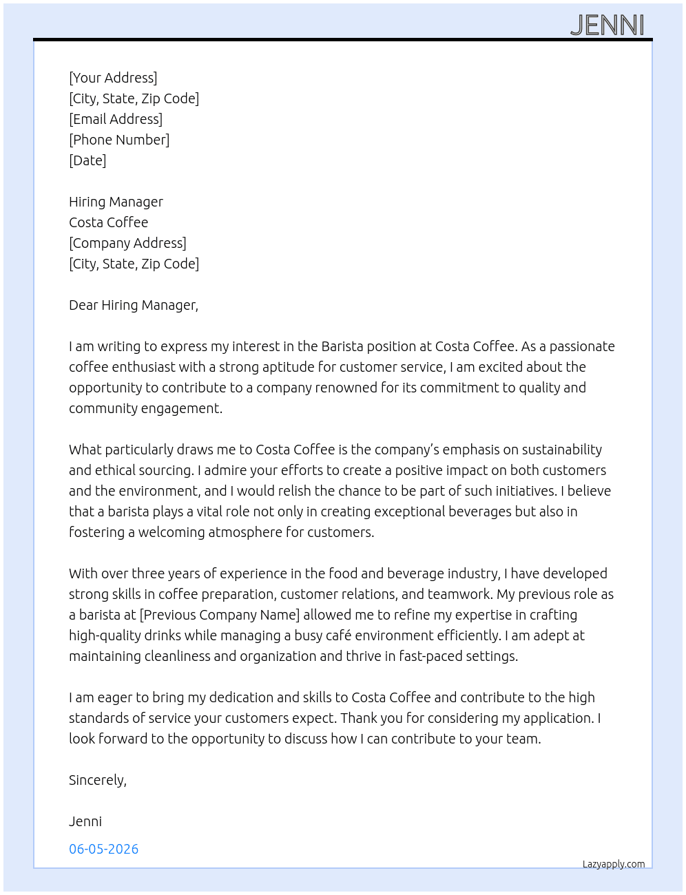 Barista At Costa Coffee Cover Letter