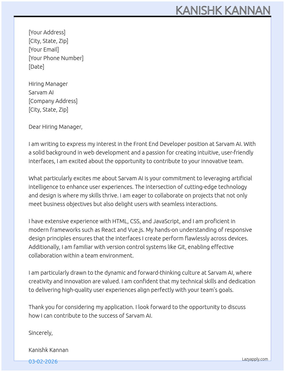 Cover letter for front end developer - LazyApply
