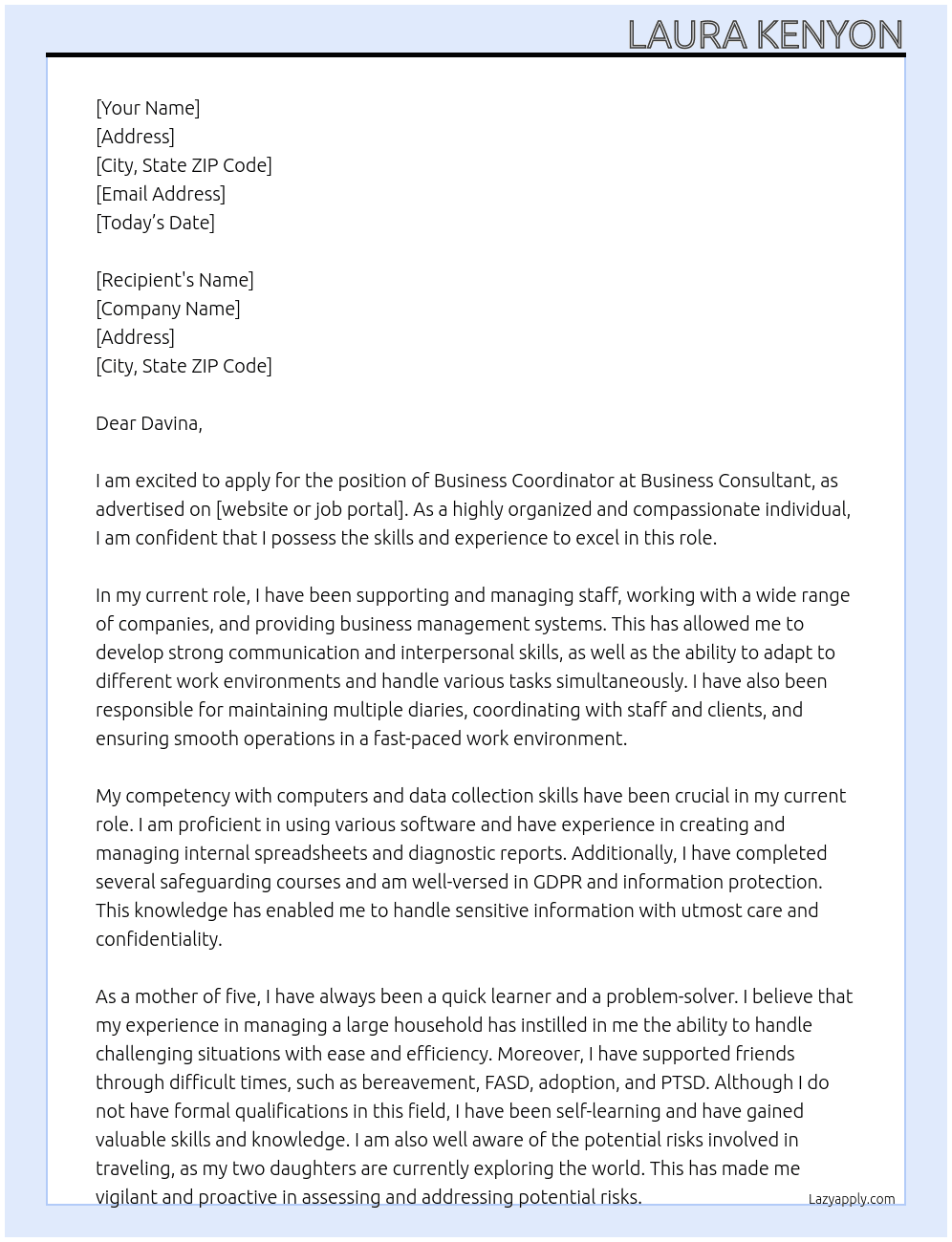 Business coordinator  At Business consultant  Cover Letter