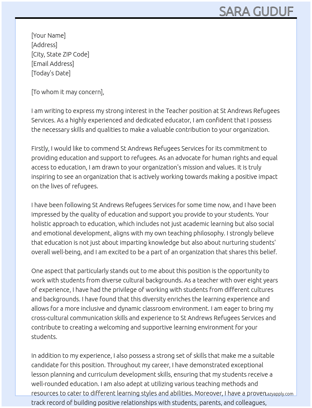 Teacher  At St Andrews Refugees Services  Cover Letter