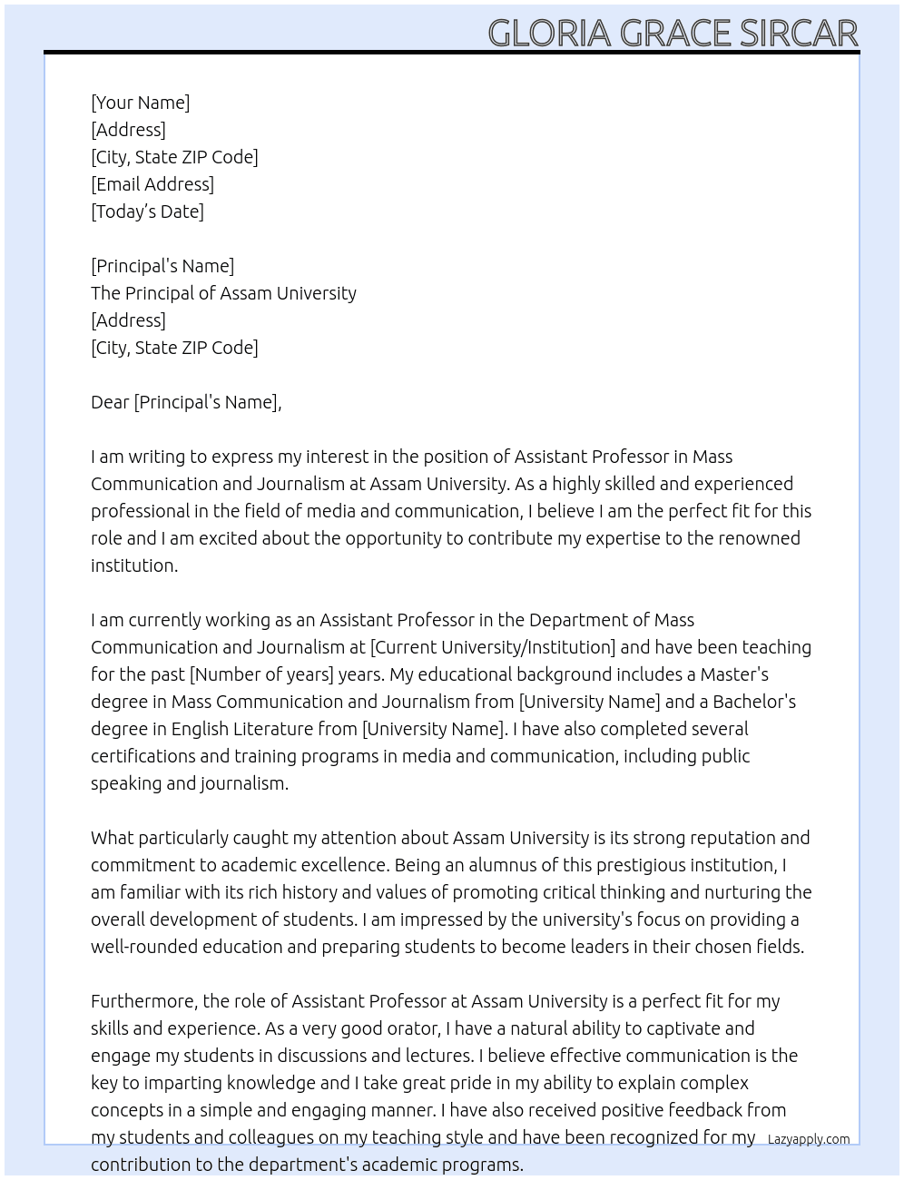 Maass communication and journalism  At Assistant professor  Cover Letter