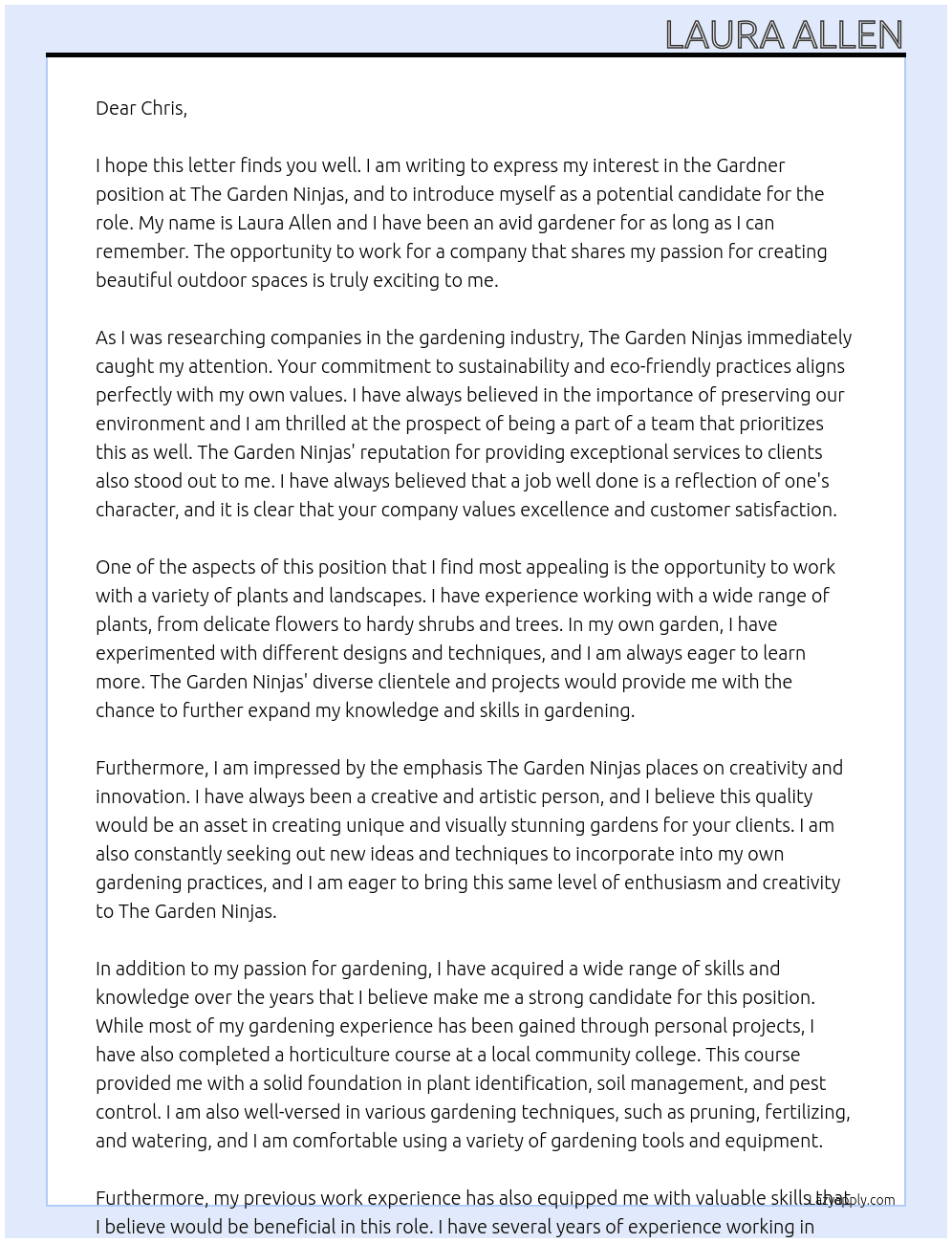 Gardner At The Garden Ninjas Cover Letter