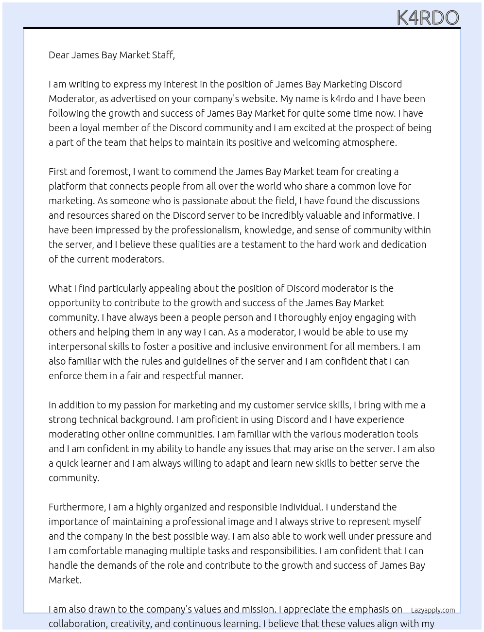james bay marketing discord moderator At James bay market Cover Letter