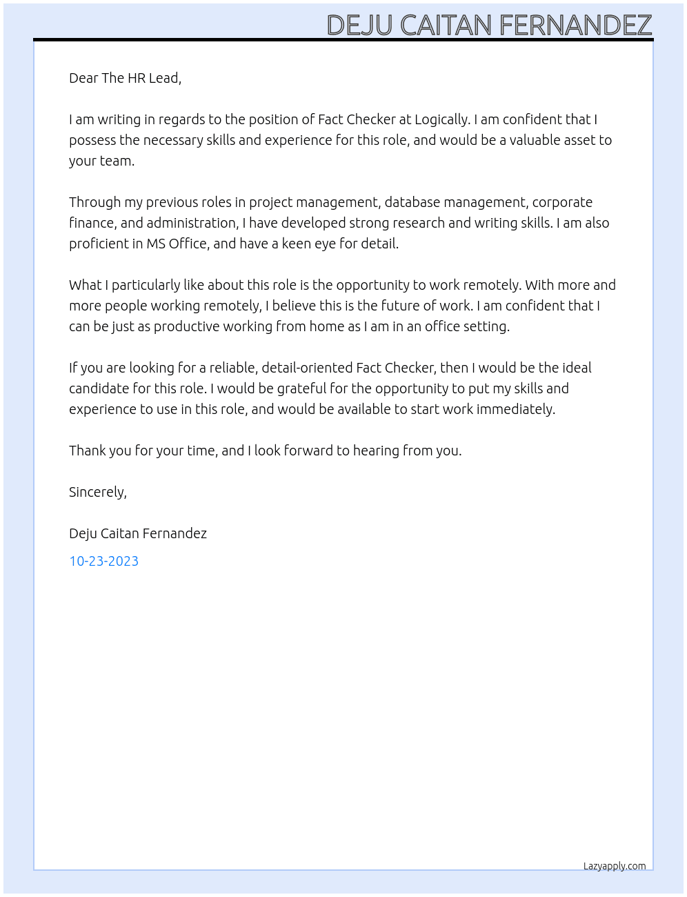 Fact Checker At Logically Cover Letter