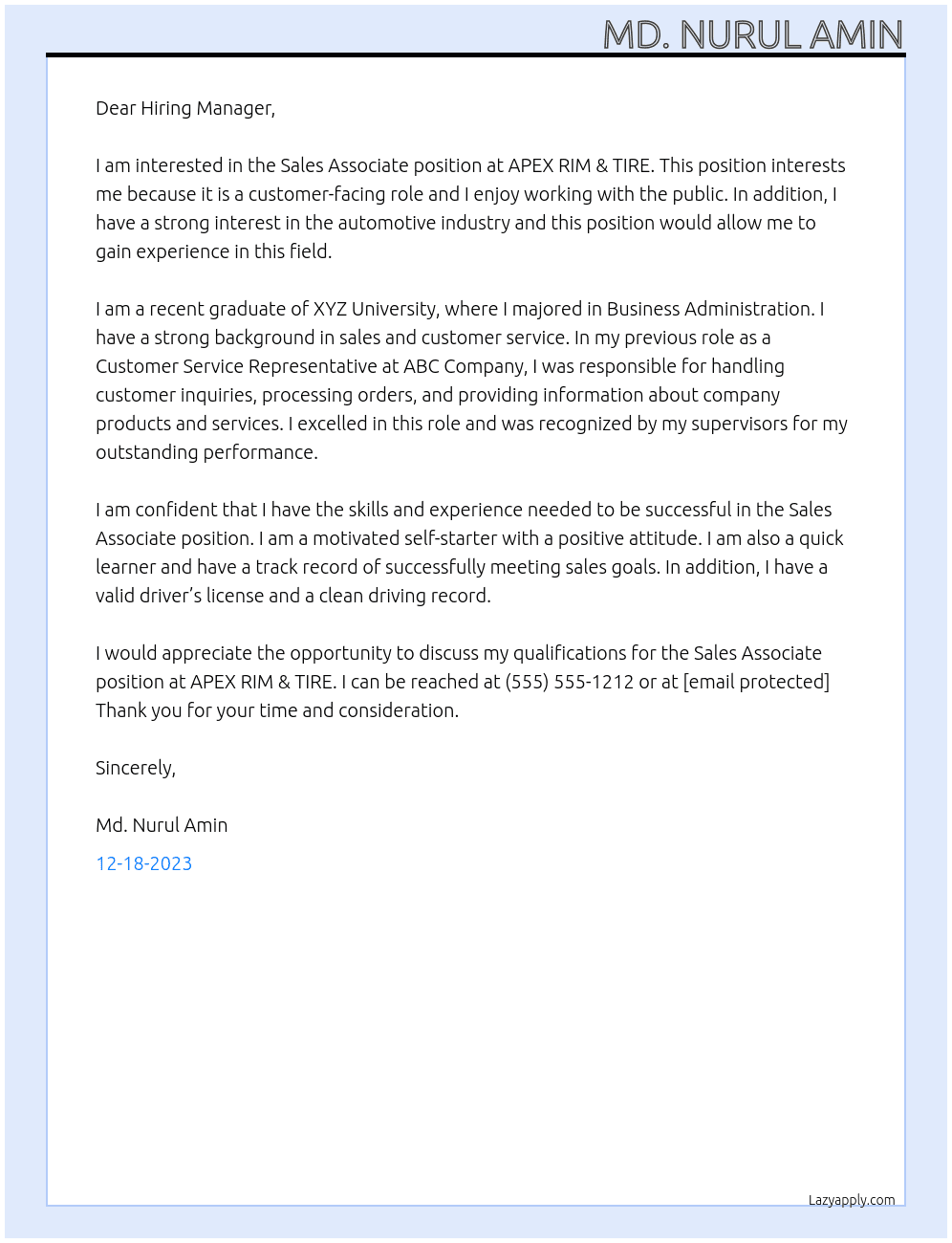 Sales Associate At APEX RIM & TIRE  Cover Letter