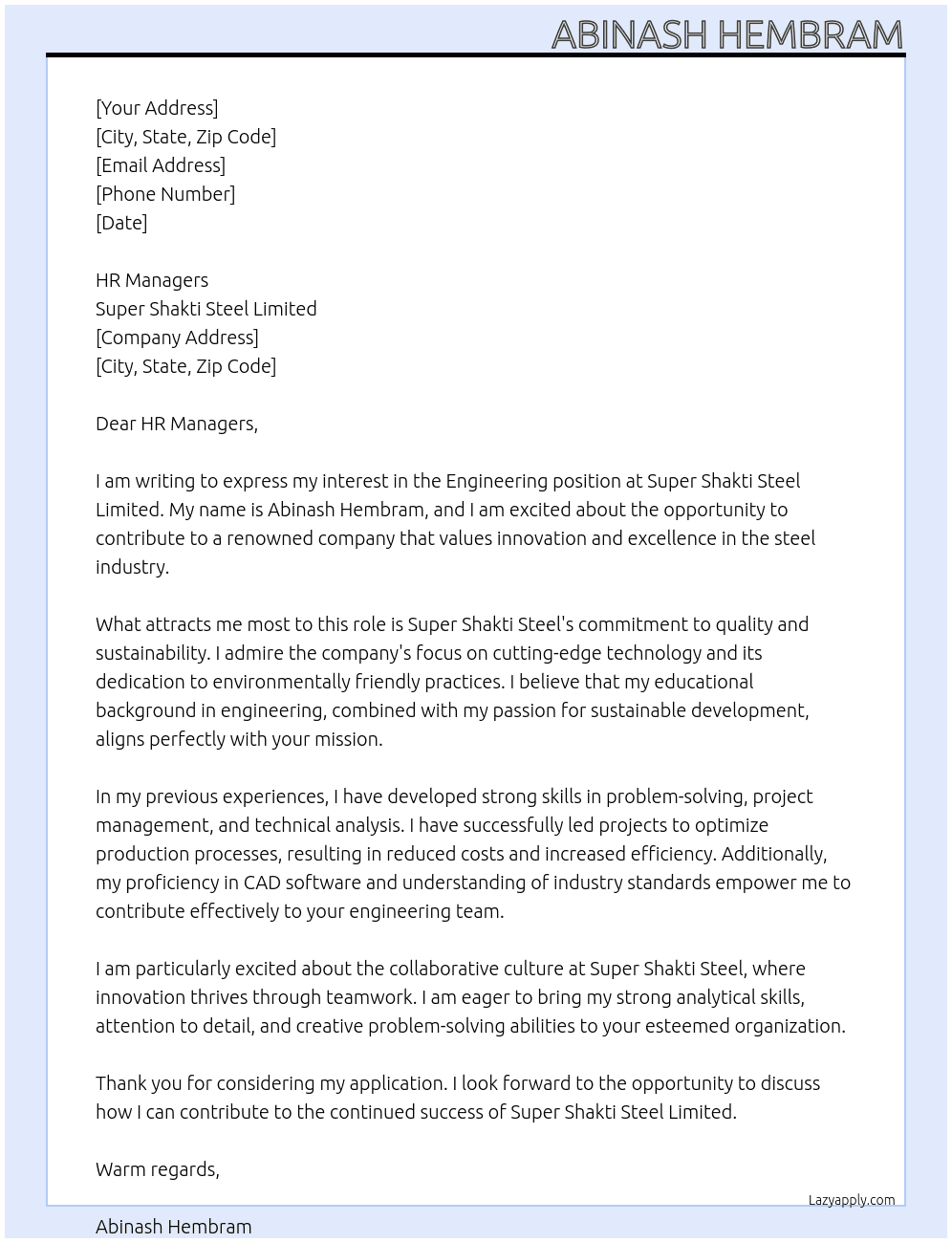 Cover letter for engineer - LazyApply