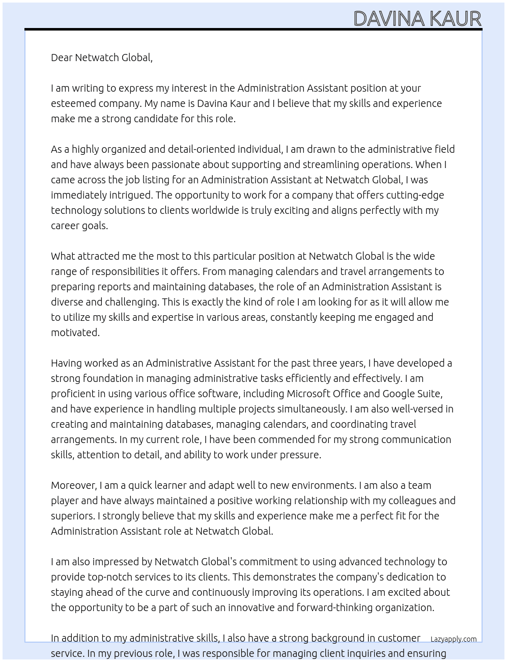 Administartion assistant  At Netwatch Global Cover Letter