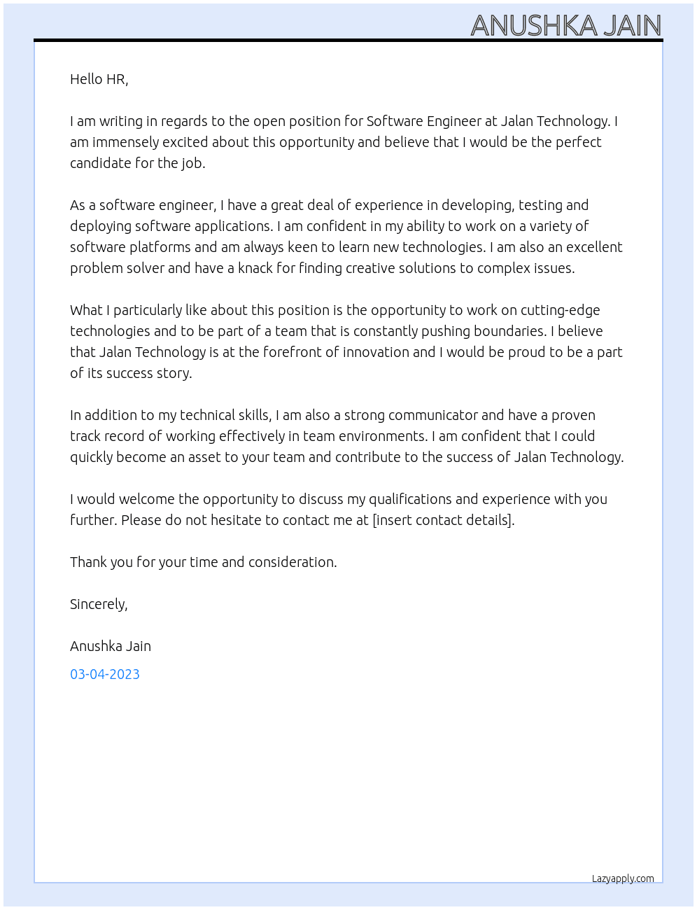 Software Engineer At Jalan Technology Cover Letter