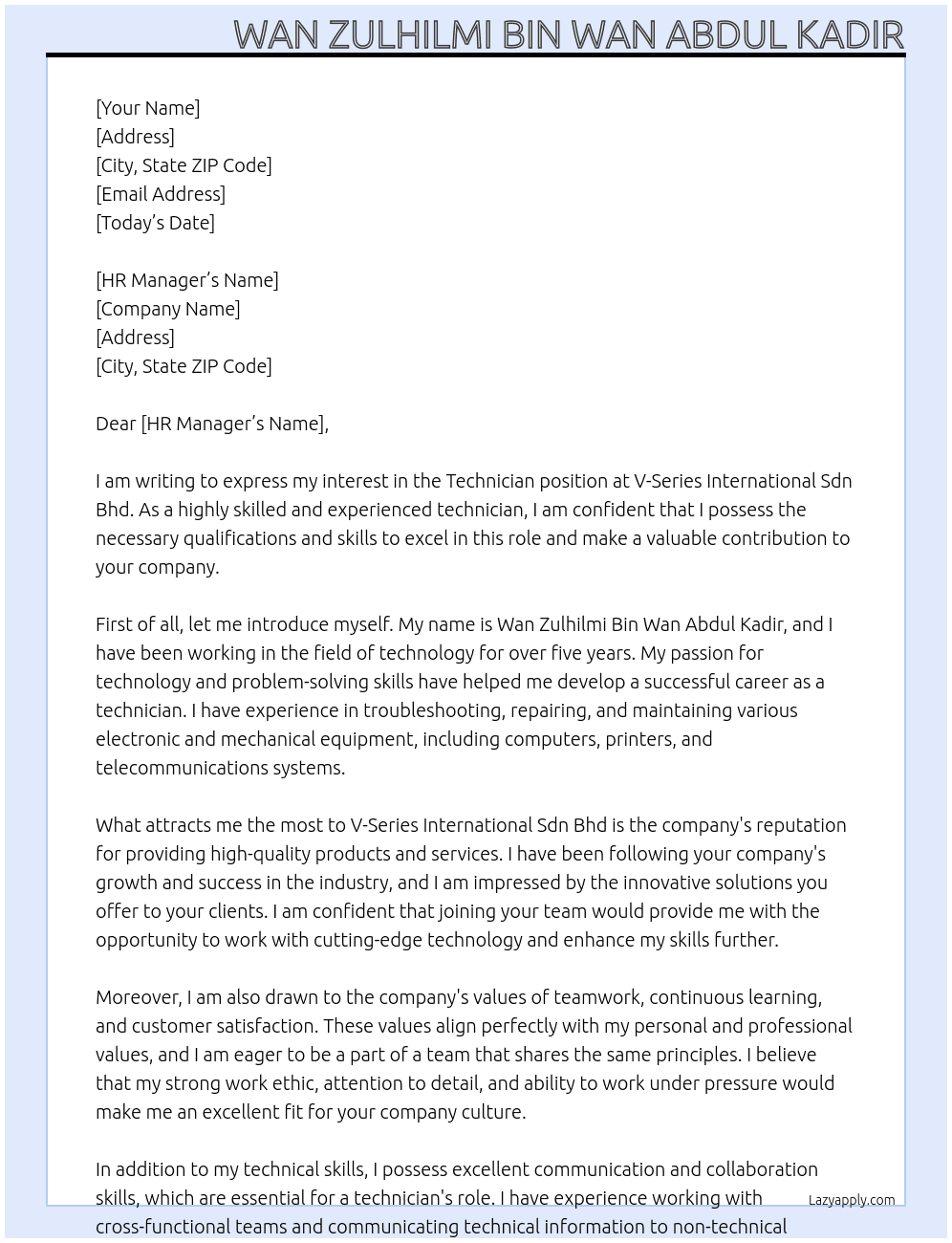 technician At V-Series International Sdn Bhd Cover Letter