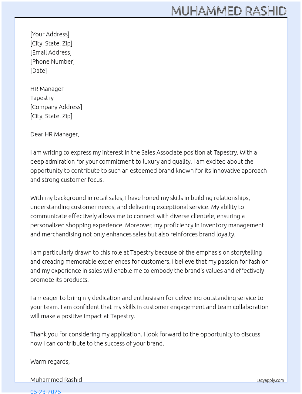 Sales Associate At Tapestry Cover Letter