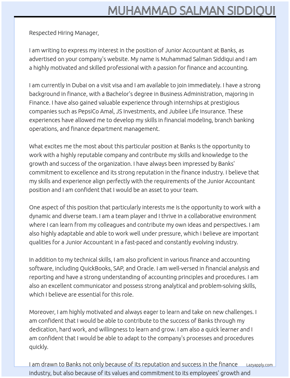 Junior Accountant  At Banks Cover Letter