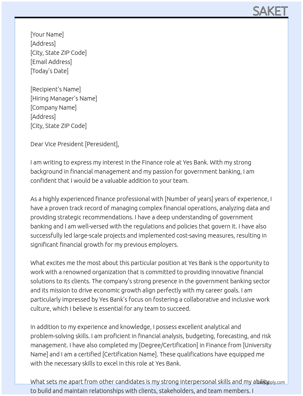 finance role At yes bank Cover Letter