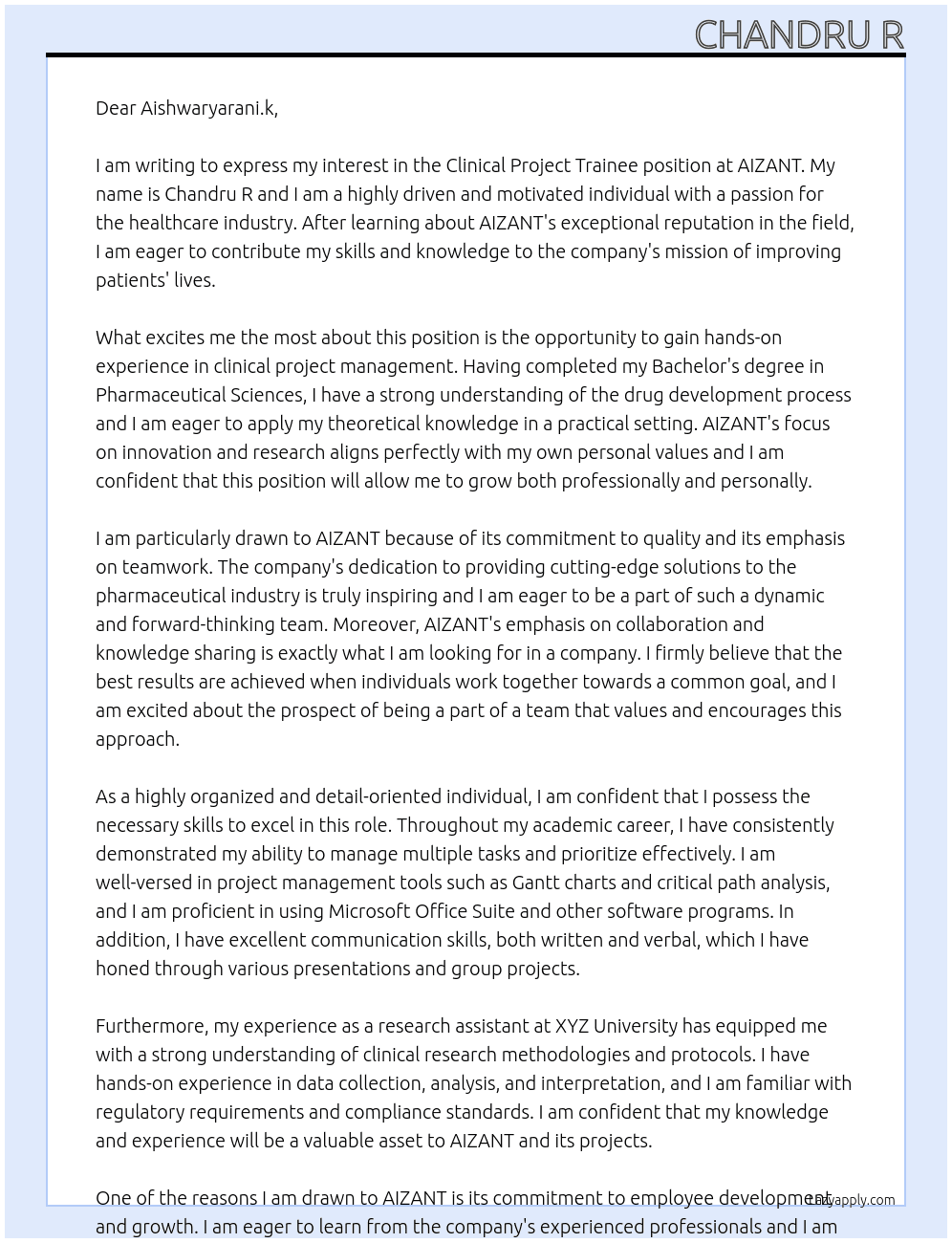 clinical project traine At AIZANT Cover Letter