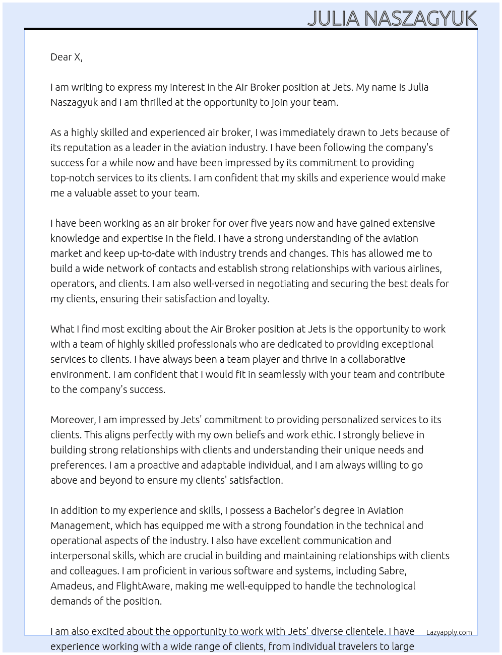 air broker At jets Cover Letter