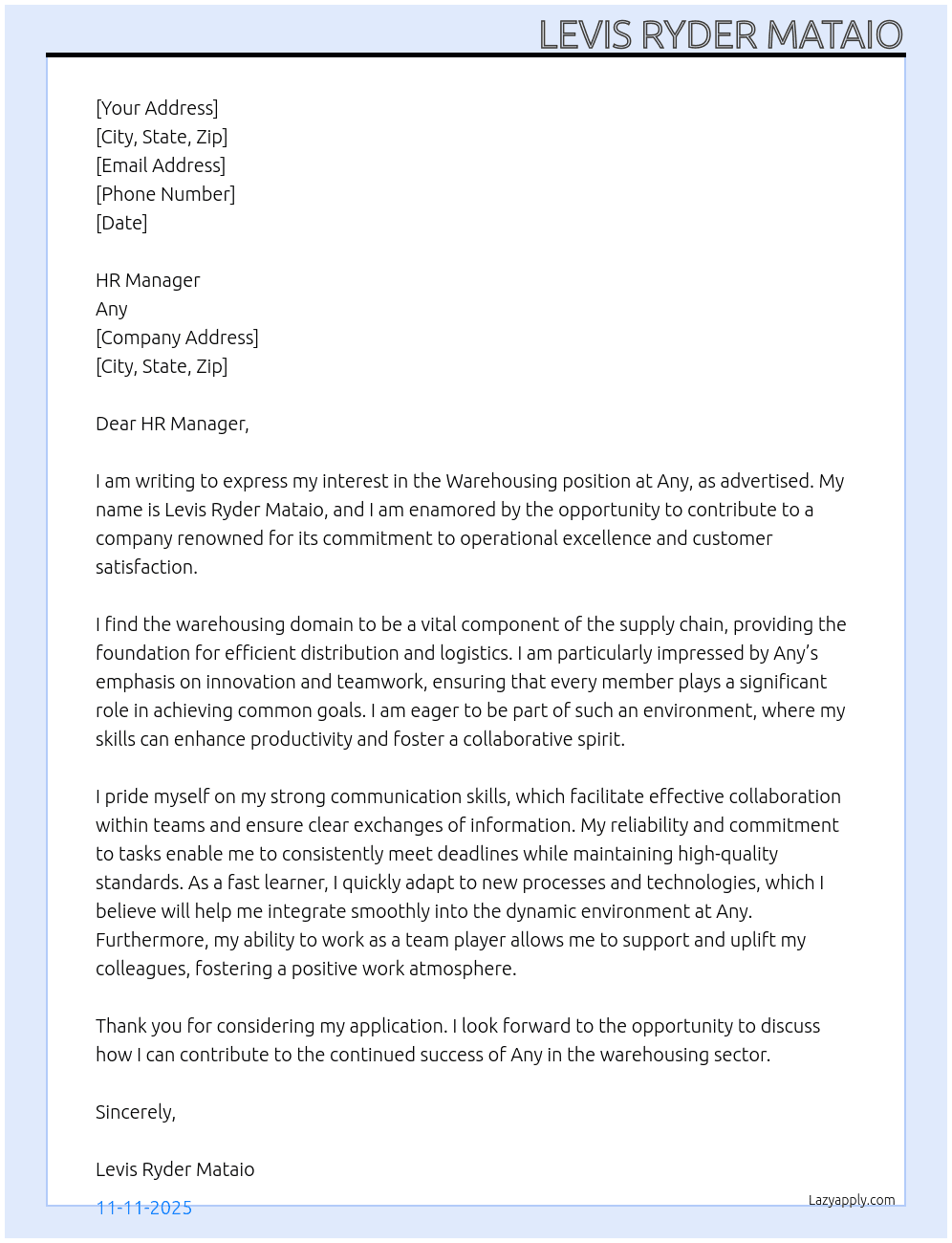 Warehousing At Any Cover Letter