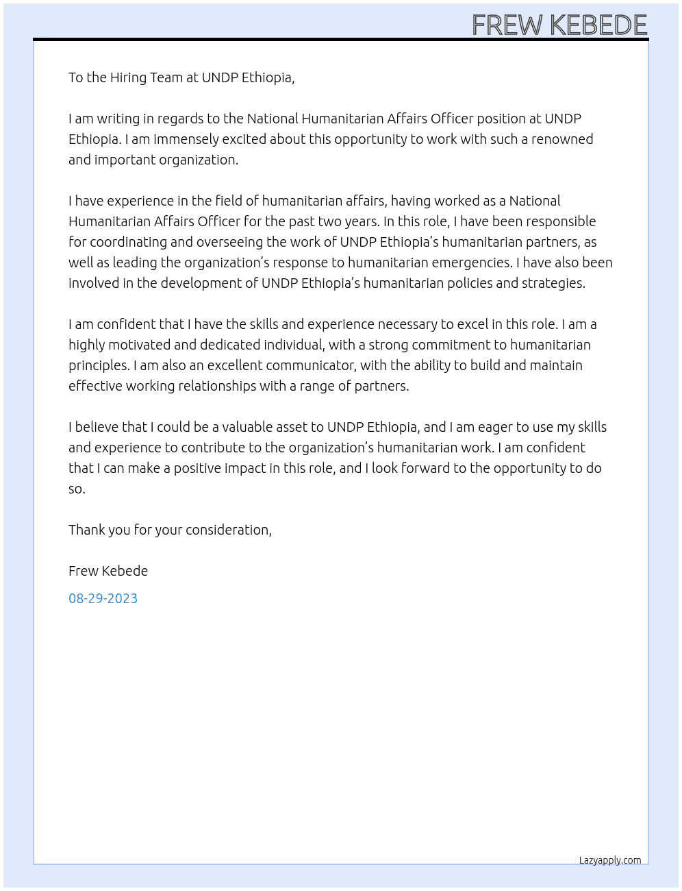 National Humanitarian Affairs Officer at UNDP Ethiopia  At National Humanitarian Affairs Officer at UNDP Ethiopia Cover Letter