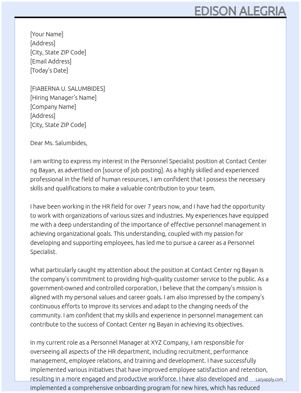 Personnel Specialist  At Contact Center ng Bayan Cover Letter