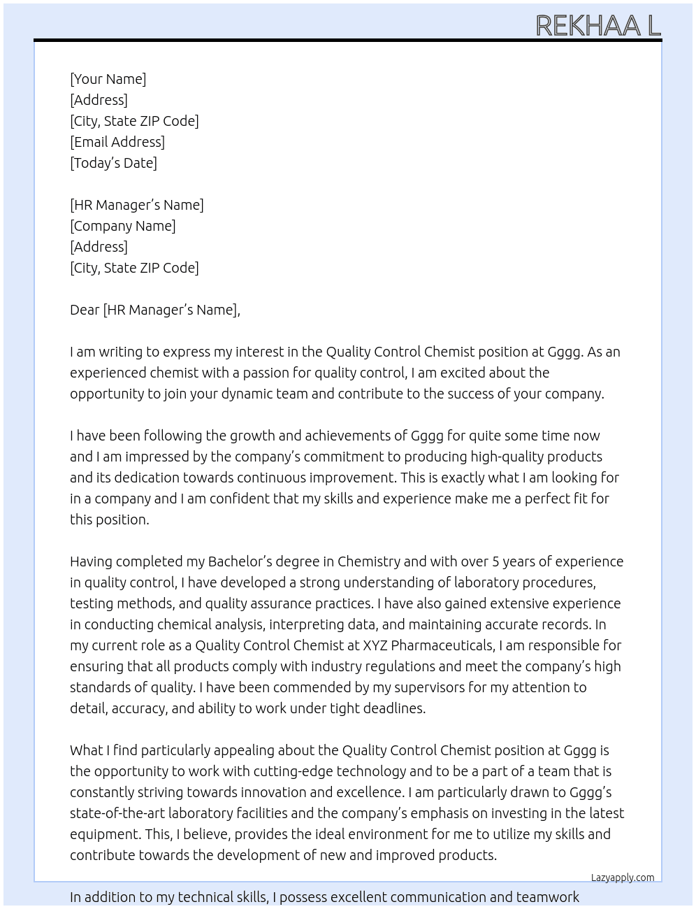 Quality control chemist  At Gggg Cover Letter
