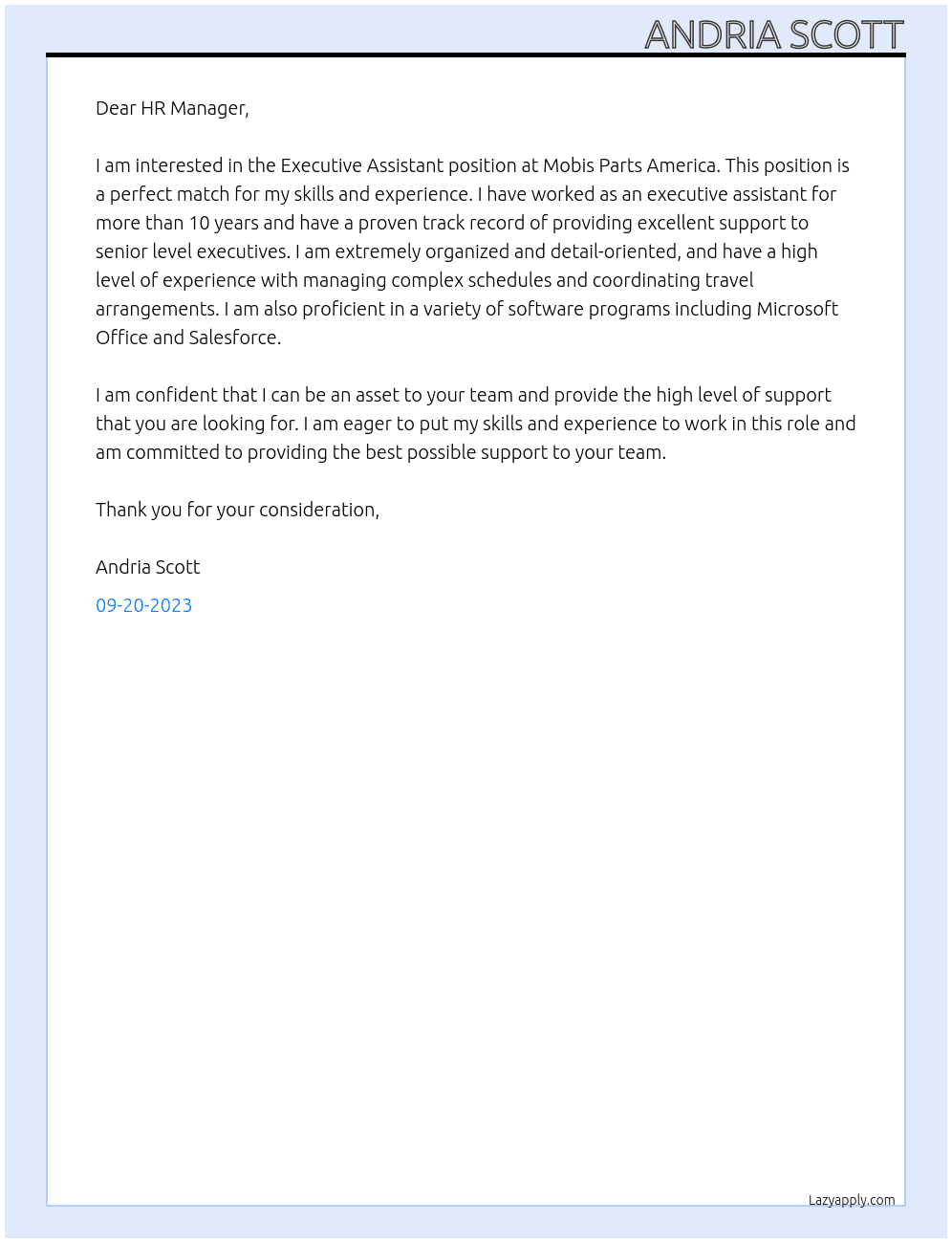 Executive Assistant At Mobis Parts America Cover Letter