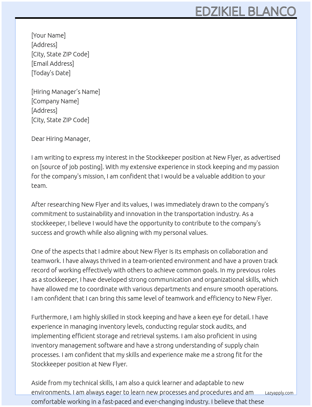 Stockkeeper At New Flyer Cover Letter
