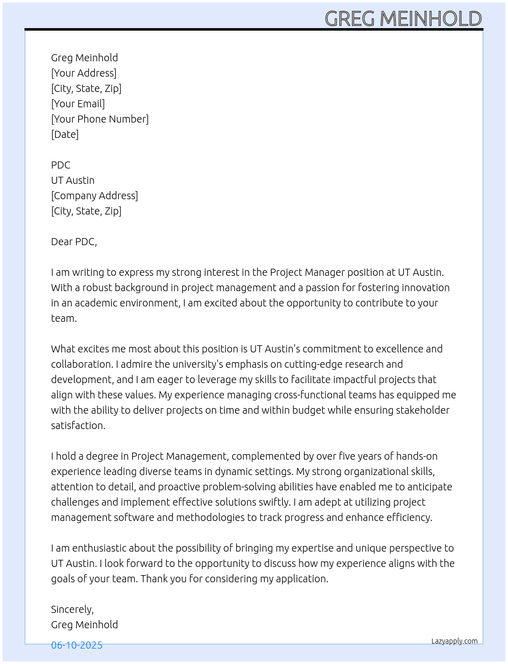 Project Manager At UT Austin Cover Letter