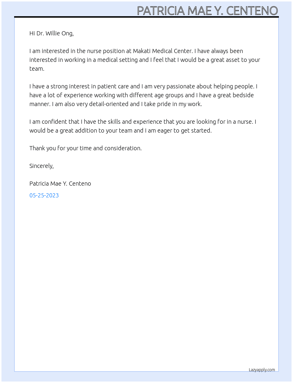 Nurse At Makati Medical Center Cover Letter