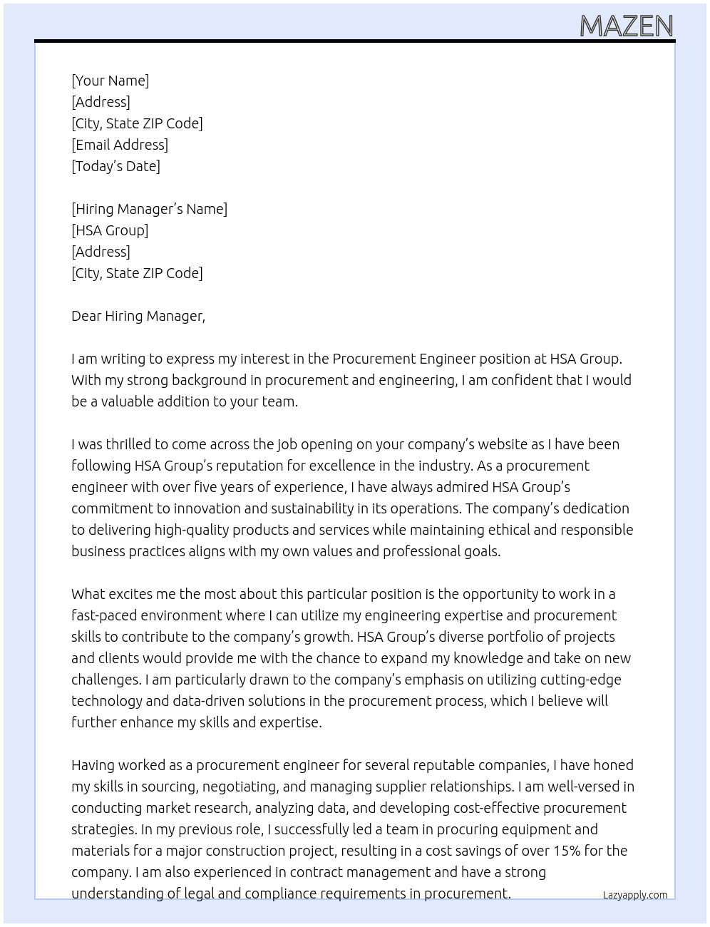 Procurement engineer  At HSA Group  Cover Letter