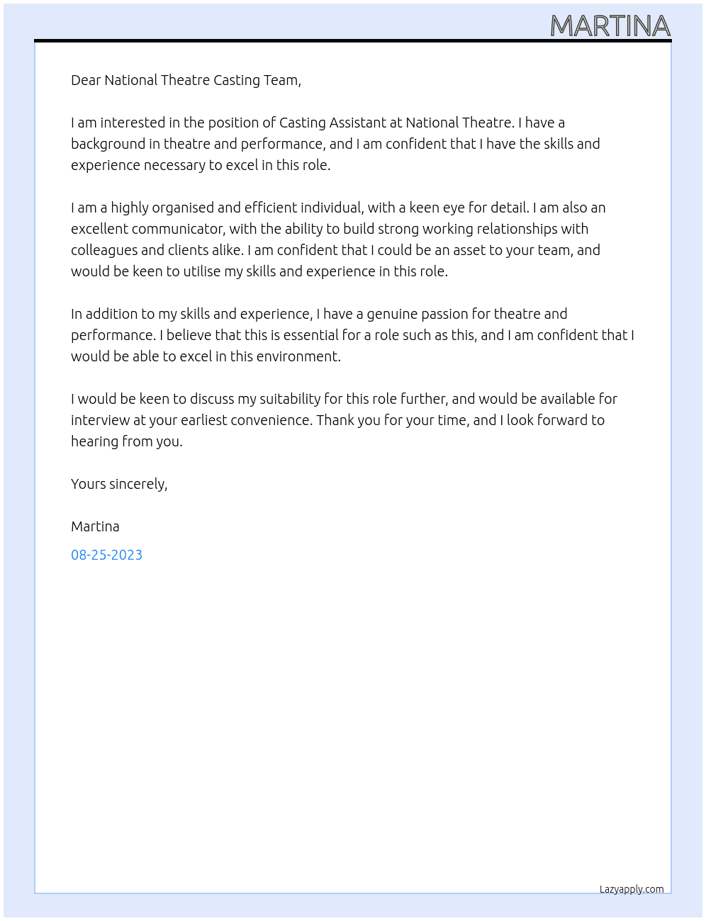 Casting Assistant At National Theatre Cover Letter