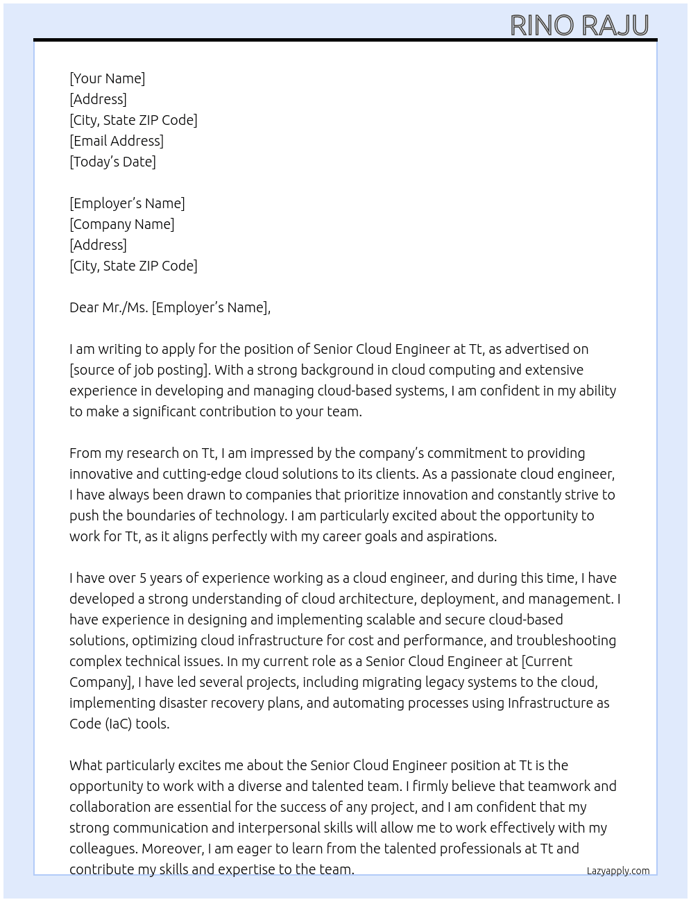 Senior Cloud engineer  At Tt Cover Letter