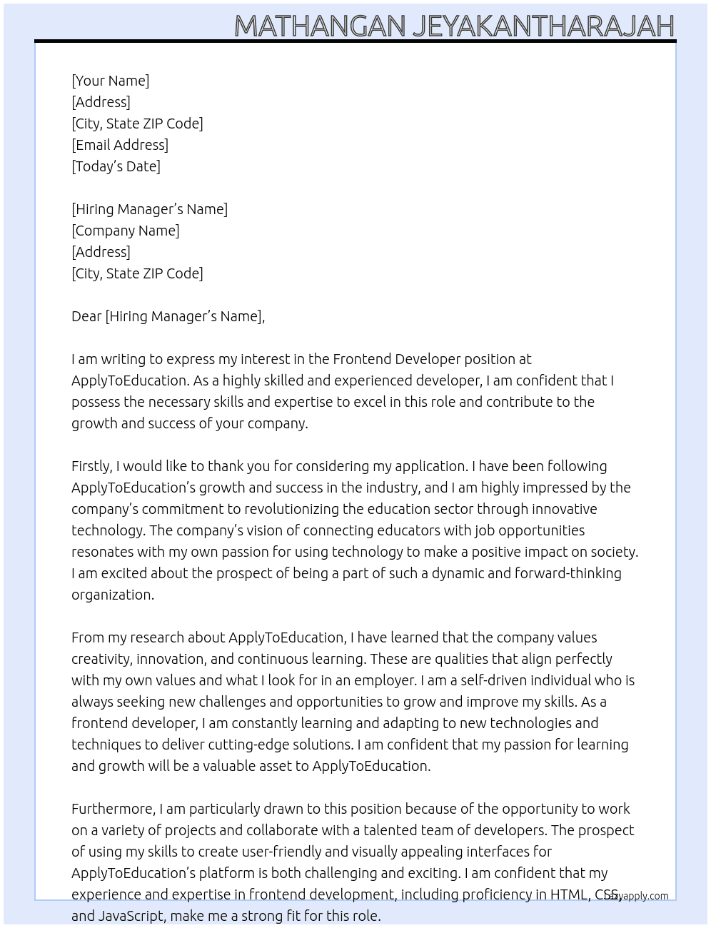 Frontend Developer At ApplyToEducation Cover Letter